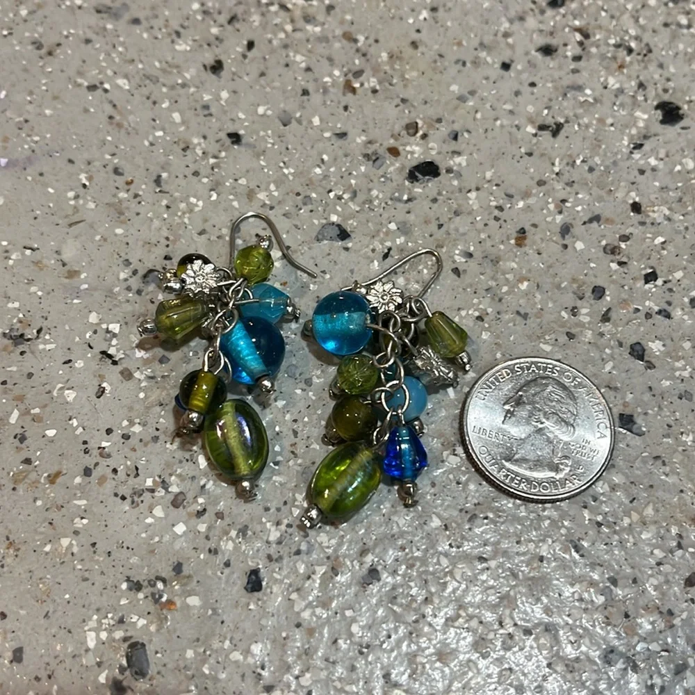BOHO GLASS BEADED DANGLING STATEMENT EARRINGS BLUE GREEN SILVER TONE